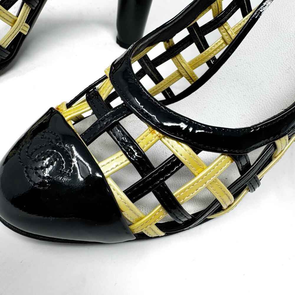 Chanel Black Patent Lattice Heels Yellow Trim CC Logo Pumps EU 39 - Picture 7 of 11